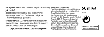 Tył opakowania kremu odżywczego 50 ml, z oliwą i olejem słonecznikowym, do rąk i stóp dla diabetyków.