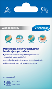 Tył opakowania Viscoplast, wodoodporne i oddychające plastry. Widać opis cech i rozmiary: 8x 72x19mm, 4x 72x25mm.