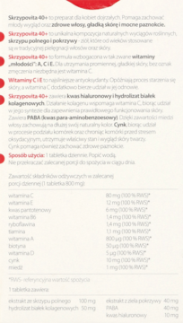 Ulotka informacyjna Skrzypovita 40+ szczegółowo opisująca składniki i korzyści dla włosów, skóry i paznokci.