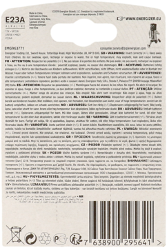 Tył opakowania baterii alkalicznych Energizer E23A/A23, białe z tekstem, ostrzeżeniami i kodem kreskowym.