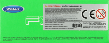 Tył zielonego pudełka Welly 1:60 Cars Box z ostrzeżeniami CE, wiekiem 0-3 i polską informacją.