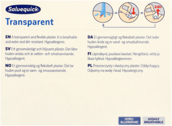 Salvequick Transparent, przezroczysty i elastyczny plaster na opakowaniu z opisami.
