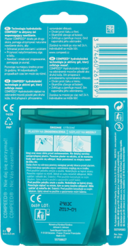 Tył niebieskiego opakowania plastrów Compeed z informacjami o technologii hydrokoloidu.