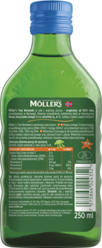 MÖLLER'S Tran Norweski ,tran Omega-3 + witamina D3 600 IU, o aromacie owocowym, suplement diety,tył