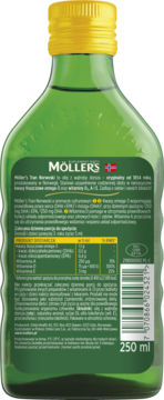 MÖLLER'S Tran Norweski ,tran Omega-3 + witamina D3 600 IU, o aromacie cytrynowym, suplement diety,tył