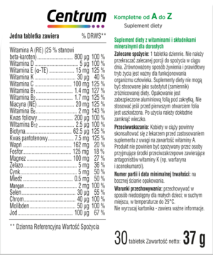 Centrum suplement diety dla dorosłych, białe opakowanie, przód z tabelą składników i instrukcjami po polsku.