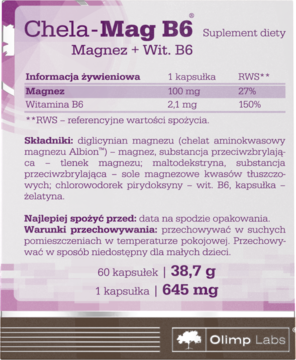 OLIMP LABS Chela-Mag B6 ,kapsułki, Magnez + Witamina B6, suplement diety,tył