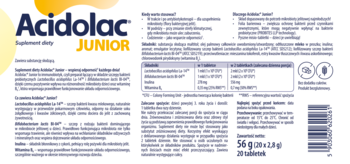 Opakowanie suplementu Acidolac Junior, 20 tabletek misio o smaku czekolady. Widok z przodu, z detalami składu.