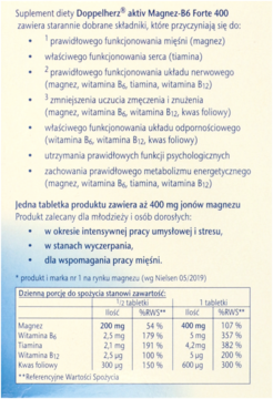 Biała ulotka suplementu Doppelherz Magnez-B6 Forte 400, z informacjami o składzie, działaniu i dawkowaniu.
