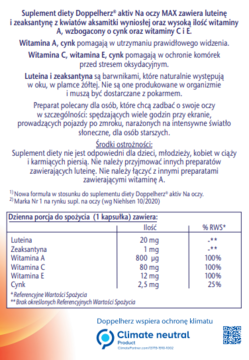 Tył opakowania suplementu Doppelherz® aktiv Na oczy MAX. Białe pudełko z tabelą składników i logo Climate neutral.