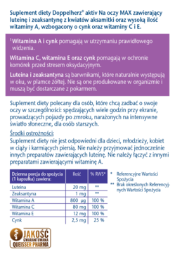Ulotka suplementu Doppelherz Na Oczy MAX, ze składem i zaleceniami, na jasnym fioletowym tle. Widoczny logotyp.