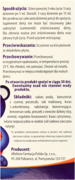Tył opakowania Rutinacea Junior syrop dla dzieci, z instrukcjami użycia, składem i producentem.