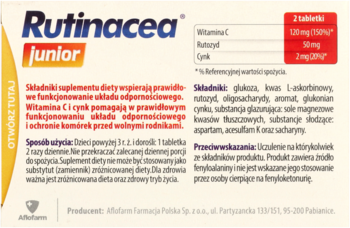Tył biało-żółtego opakowania Rutinacea Junior. Widoczne składniki i dawkowanie suplementu na odporność.