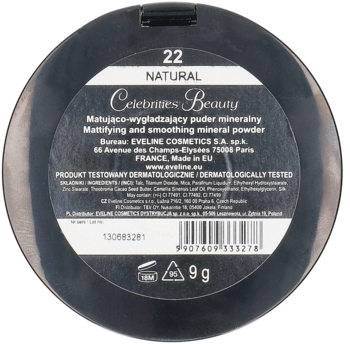 EVELINE COSMETICS Celebrities Beauty ,puder do twarzy, mineralny, matujący, wygładzający, nr 22 Natural,tył