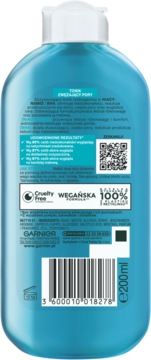 Tył niebieskiej butelki toniku Garnier zwężającego pory z niacynamidem, wegański, z listą składników i kodem QR.
