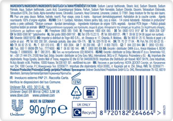 Tył opakowania mydła Dove Beauty Cream Bar 90g z kodem kreskowym, składnikami i symbolami recyklingu.