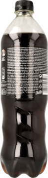 Tył czarnej butelki Pepsi Max, napoju gazowanego typu cola bez cukru, z widoczną czarną etykietą.