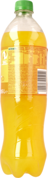 Mirinda Orange, gazowany napój pomarańczowy, tył butelki 1.5L z zieloną nakrętką i etykietą informacyjną.