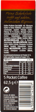 Tył opakowania Ferrero Pocket Coffee 62,5g, z czytelną listą składników i tabelą wartości odżywczych.