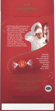 Tył czerwonego opakowania Lindor Lindt, widoczny opis produktu, czekoladnik i pralina.