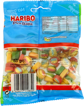 Tył niebieskiego opakowania Haribo Pico-Balla 85g, widoczne kolorowe żelki, kod kreskowy i wartości odżywcze.