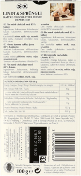 Tył opakowania czekolady Lindt & Sprüngli ciemnej 85%, białe tło, widoczne informacje o produkcie i barcode.