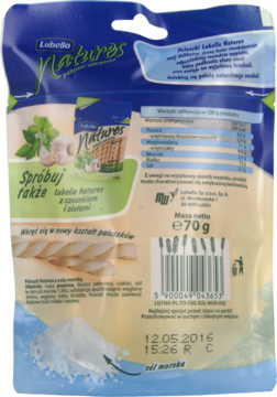 Tył opakowania Lubella Natures Zakręcone Paluszki 70g, z wartościami odżywczymi, kodem kreskowym i datą.