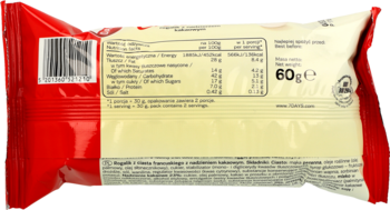 Tył czerwono-białego opakowania rogalika 7 Days Croissant kakaowego 60g, z tabelą wartości odżywczych.