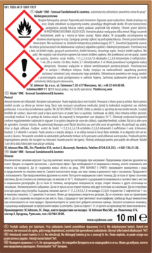 Tył wkładu Glade Sense & Spray 10ml, sandał i jaśmin, z etykietą bezpieczeństwa i ikonami ostrzegawczymi.