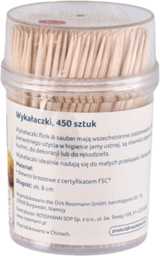 450 drewnianych wykałaczek Rossmann w przezroczystym, cylindrycznym pojemniku, widok z przodu.