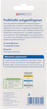 Opakowanie samoprzylepnych podkładek antypoślizgowych i antyhałasowych, tył z listą rozmiarów i użycia.