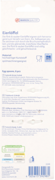 Tył opakowania łyżeczek do jajek Eierlöffel, 6 sztuk, z białego plastiku. Widoczne informacje o produkcie, barcode.