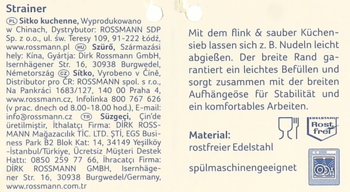 Rear packaging of a stainless steel kitchen strainer, showing multilingual text, dishwasher and food safe icons.