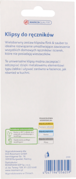 Tył niebiesko-białego opakowania klipsów do ręczników flink & sauber, z opisem zastosowania i recyklingu, kod kreskowy.