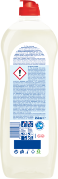 Tył butelki płynu do naczyń Pur Secrets of Care 750ml, białe opakowanie, czerwony dozownik, etykieta z ostrzeżeniem.