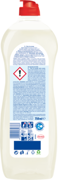 Tył białej butelki płynu Pur Secrets of Care do naczyń, z czerwoną pompką. Widoczne etykiety z ostrzeżeniem i pojemnością 750ml.