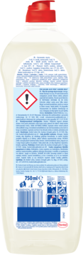 Tył białej butelki płynu do naczyń Pur Secrets of Care 750ml. Widoczna etykieta z instrukcjami, kodem i ikoną ostrzegawczą.
