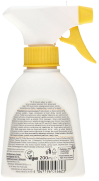 Tył opakowania Babydream emulsji do opalania SPF 50+ w białej butelce z żółtym atomizerem i tekstem.