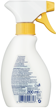 Tył butelki Babydream emulsja w sprayu do opalania SPF 50+, biała z żółtym atomizerem, lista składników.