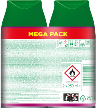 Tył zielono-różowego opakowania wkładu Air Wick Freshmatic, z ostrzeżeniem o zapalności i "MEGA PACK".