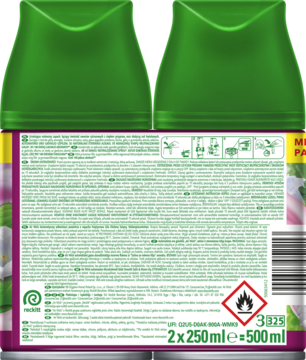 Widok z tyłu: wkłady Air Wick Freshmatic 2x250ml, zapach lilii i wanilii. Zielone nakrętki, etykieta z ostrzeżeniami.