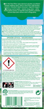 Tył opakowania dyfuzora Air Wick Patyczki, 30ml, z opisem zapachu Świeżość Letniego Poranka i instrukcją.