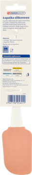 Tył opakowania silikonowej łopatki do ciasta w kolorze pomarańczowym, z polskim tekstem i kodem kreskowym.