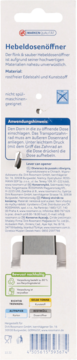 Tył opakowania otwieracza do puszek z dźwignią (Hebeldsenöffner), z instrukcjami i symbolem recyklingu.