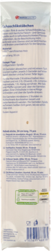 Tył opakowania patyczków do szaszłyków, biała folia z niemieckimi instrukcjami i kodem kreskowym na dole.