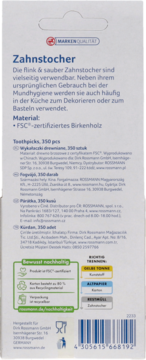 Tył opakowania wykałaczek Rossmann z certyfikowanego drewna brzozowego, 350 sztuk, z info FSC i kodem kreskowym.