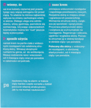 Niebieska ulotka z białym tekstem i różowymi symbolami, opisująca krem na rozstępy i jego działanie.