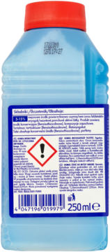 Tył 250ml butelki intensywnego płynu do czyszczenia zmywarek w niebieskim kolorze z czerwonym korkiem i etykietą.