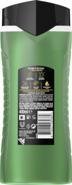 Zielony żel pod prysznic AXE 3w1 Anti Hangover, tył butelki z czarną etykietą, składem i kodem.
