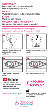 Biała ulotka instrukcji testu Pink Test Express, domowy test ciążowy, z ilustracjami użycia i wyników.
